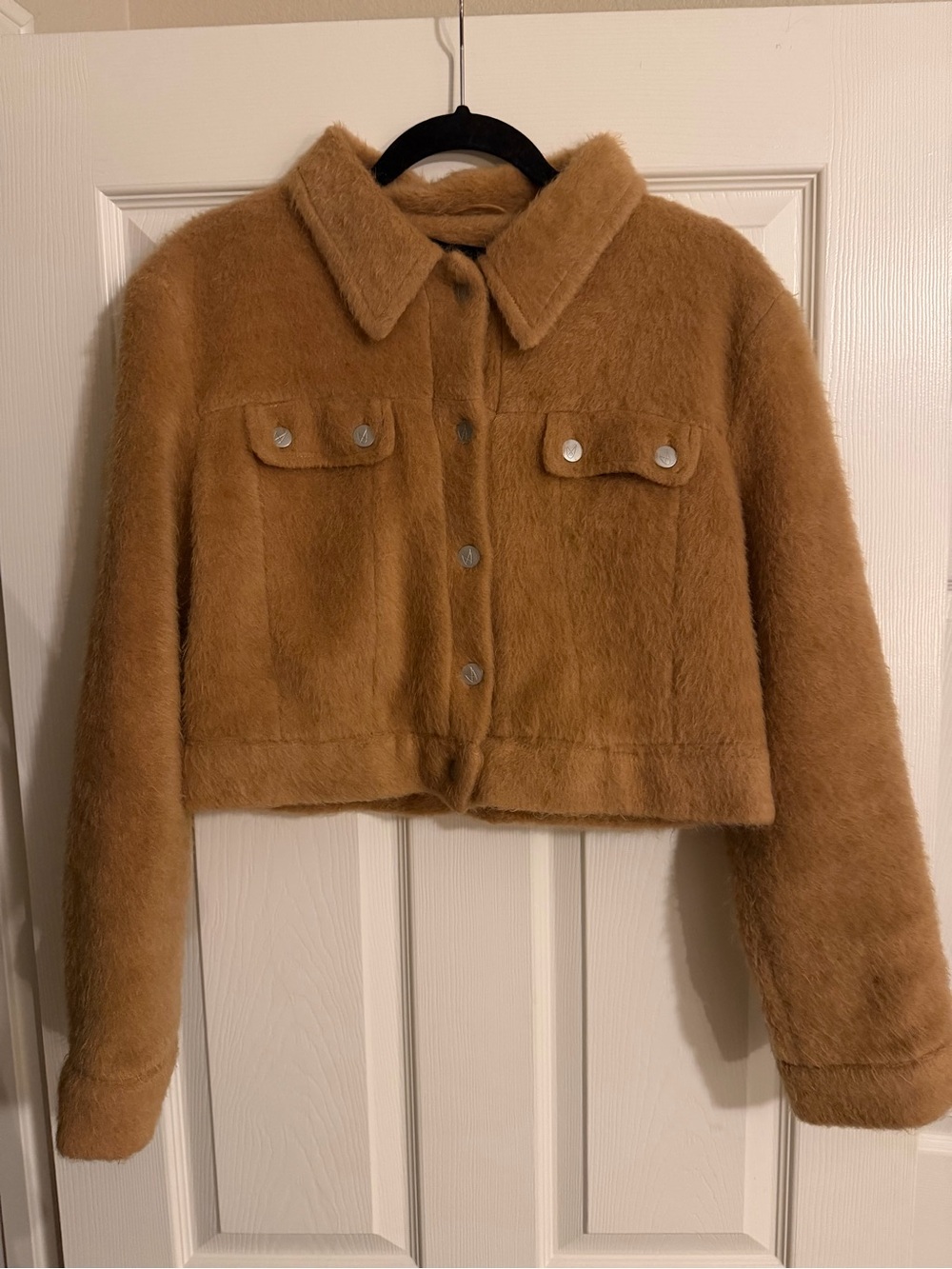MINKPINK Camel Fuzzy Cropped Trucker Jacket Size M